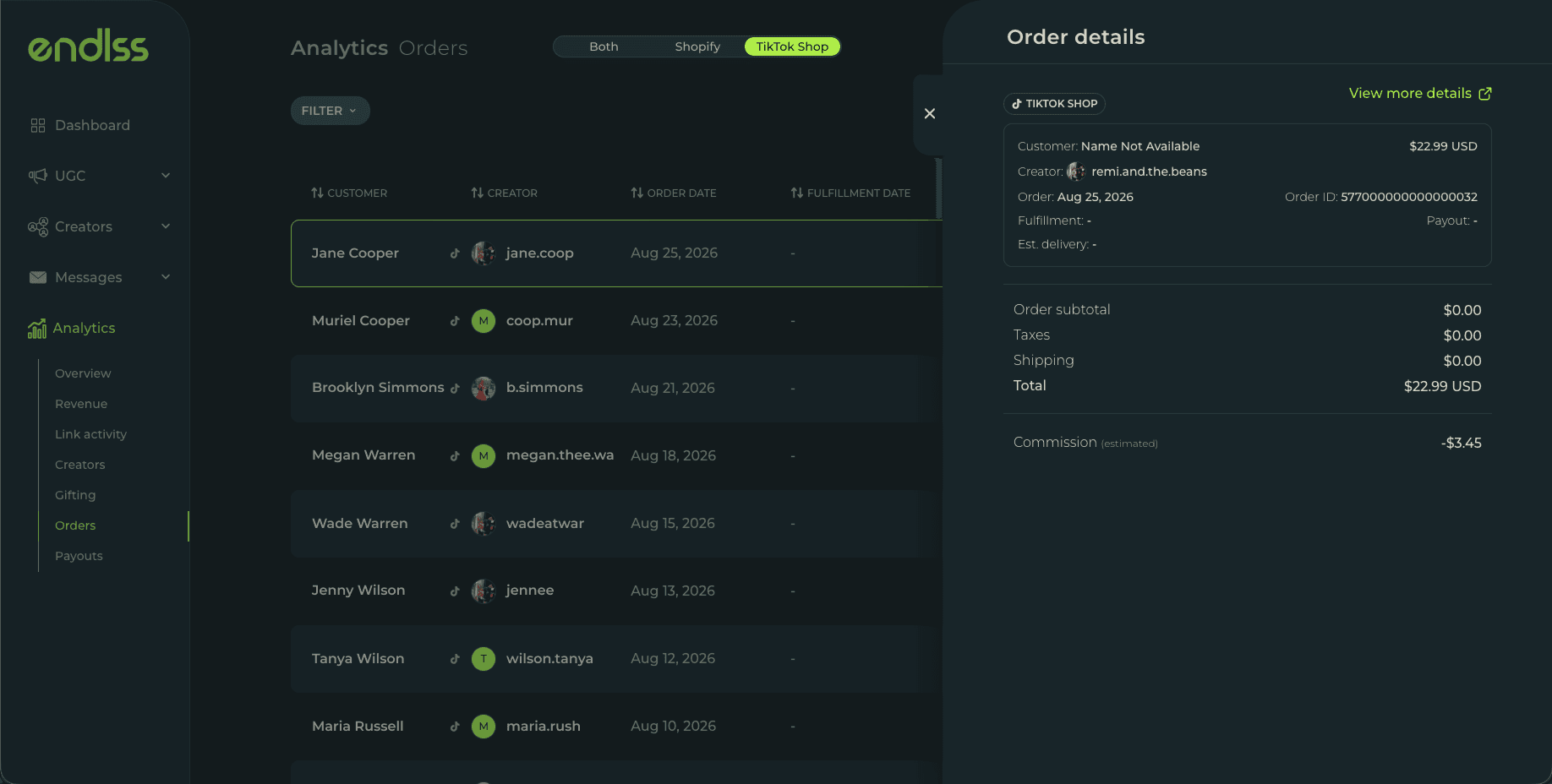 TikTok Shop orders and commissions in Endlss