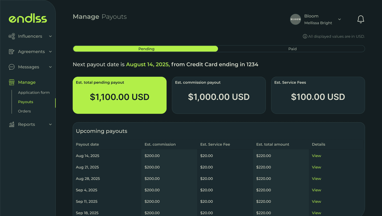 Creator payouts in Endlss
