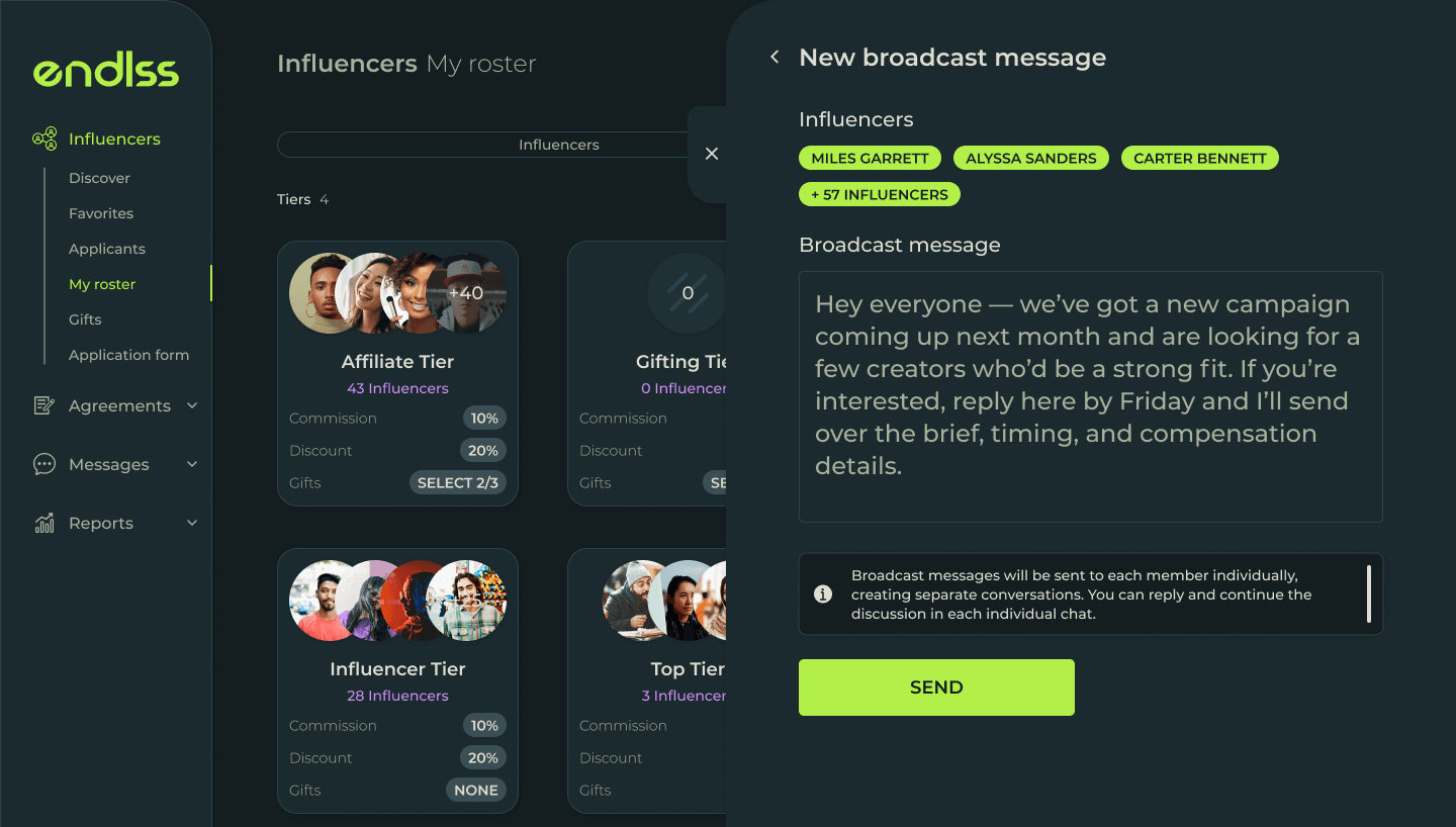 Sending a sample to a group of creators in Endlss