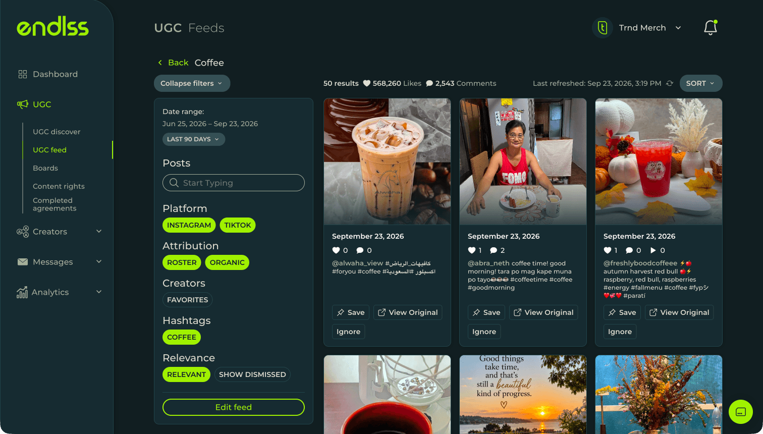 The UGC feed in Endlss