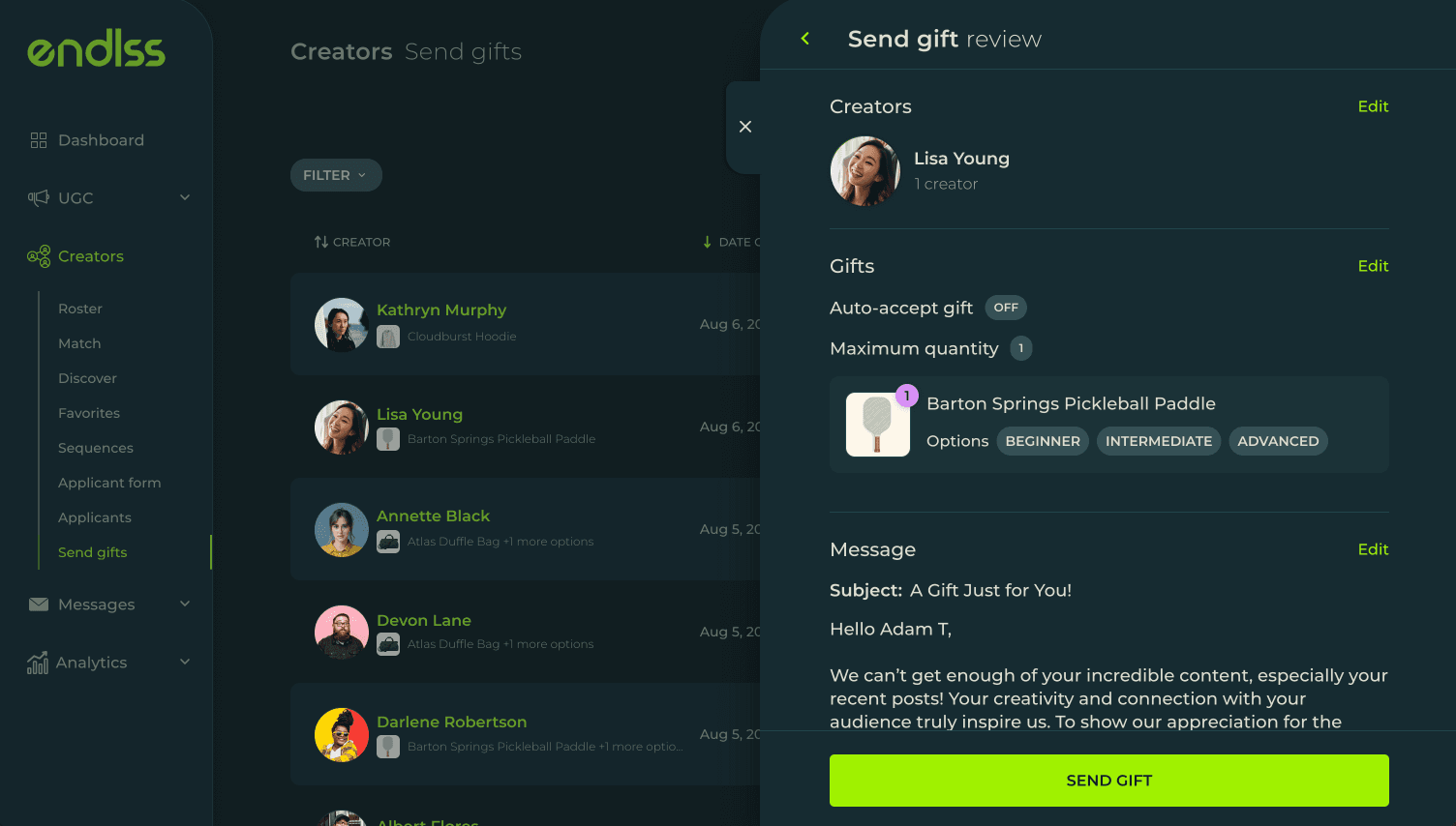 Sending a sample from Endlss