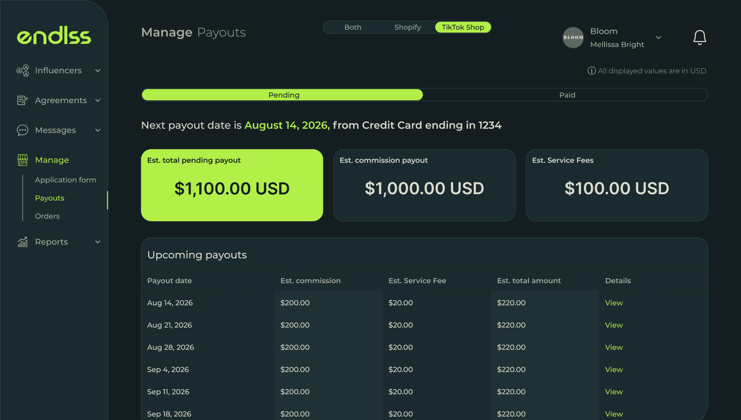Creator earnings across both channels in Endlss
