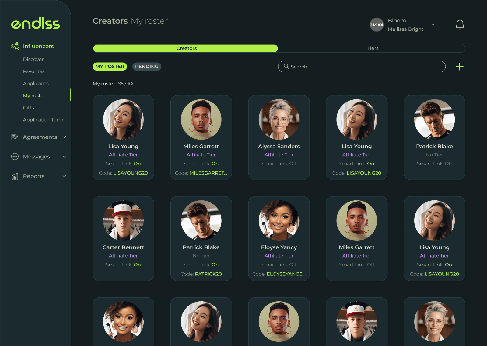 The creator roster in Endlss, grouped