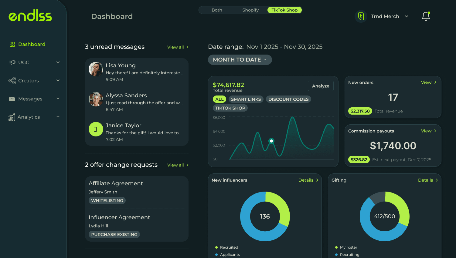 The Endlss dashboard