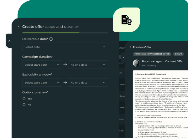 Rights Management showing UGC agreements and content licensing workflow
